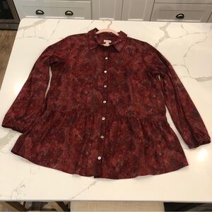 LOGO By Lori Goldstein Womens Red Mosaic Button Blouse Tunic Sz L Peplum Ruffle